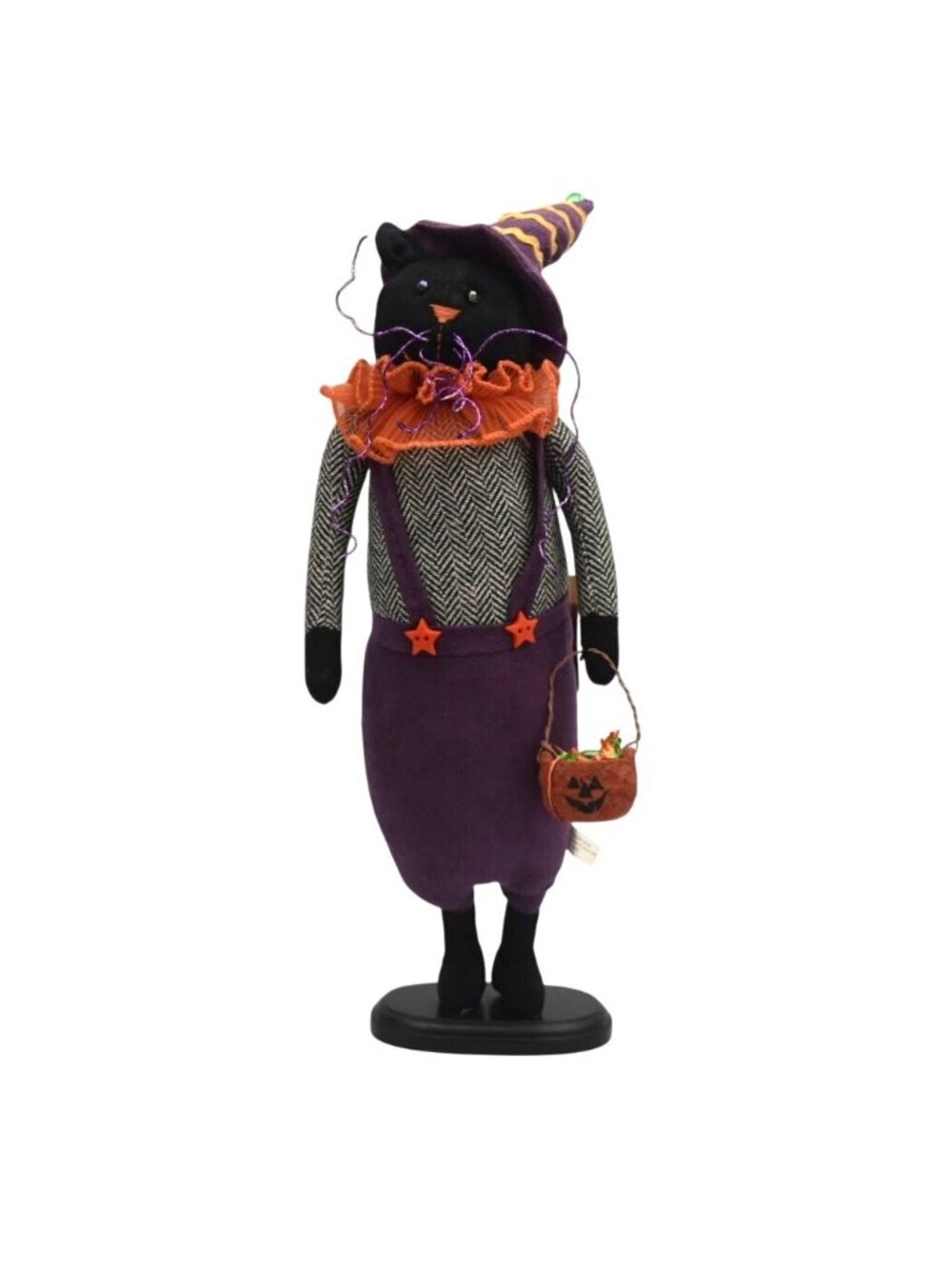 Halloween Black Cat Witch Figurine 16" Primitive Pumpkin Basket Hat Folk Art